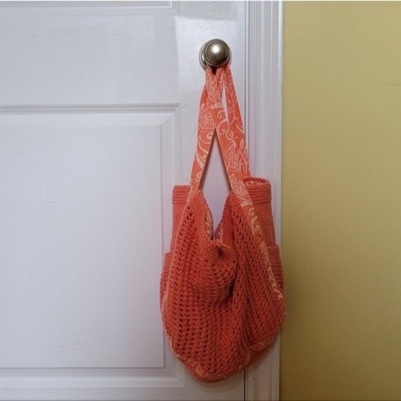 Crochet bag tote sack beach bag sewing knitting peach orange summer hand made - Picture 2 of 14